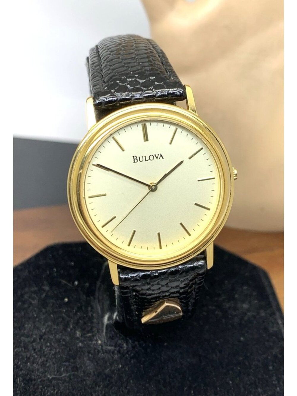 Bulova Unisex Watch Vintage T6 Quartz Gold Dial Black Leather Strap 33mm